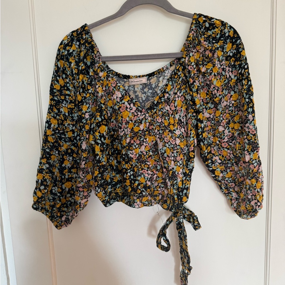 Nordstrom Black Multi Floral Tie-Waist Blouse